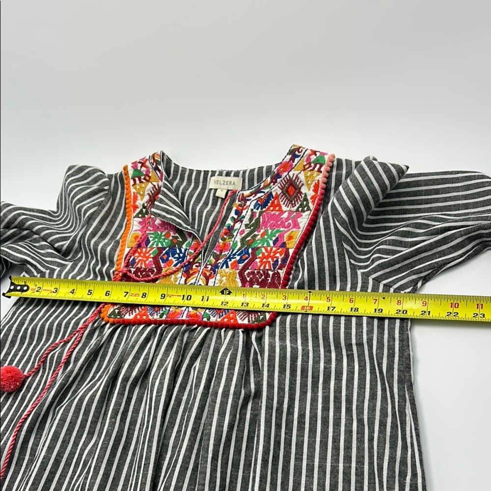 Velzera Embroidered Boho Tunic Gray Striped Pom Pom Blouse Lagenlook Top Small - Picture 14 of 15